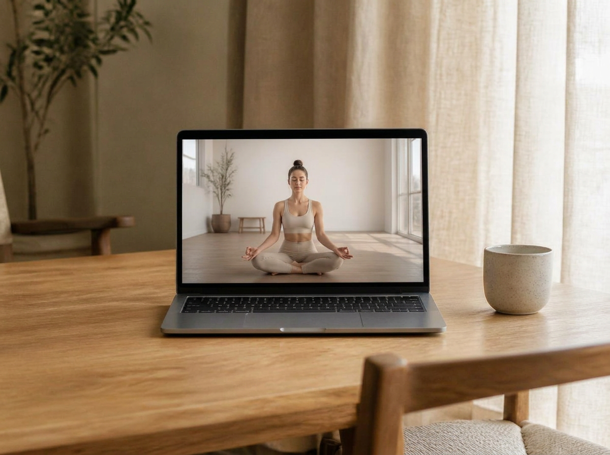 Computador portátil sobre mesa de madeira clara com uma prática de meditação sentada do Estúdio Âmago no ecrã