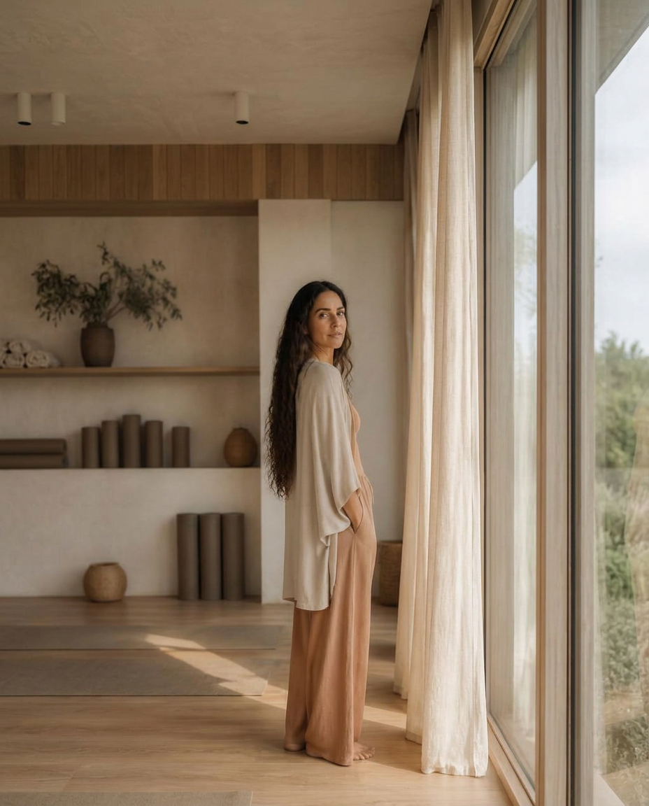 Rita Carvalho em roupa de yoga fluida junto a uma janela