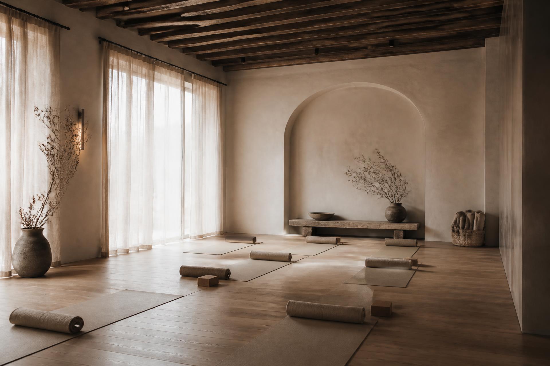 Sala do estúdio vazia, marcada por um nicho em arco e vigas de madeira